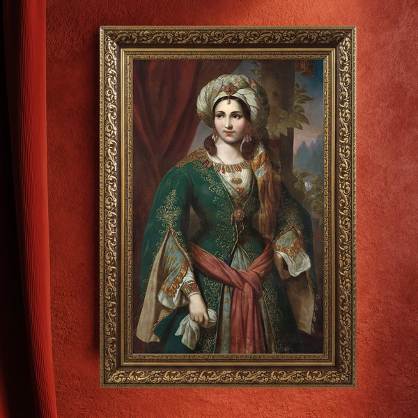 Osmanlı Saraylı Kadın Portresi, Oryantalist Klasik Tablo Sanatı, Geleneksel Kıyafetli Zarif Tarihi Duvar Dekoru Antika Stil Sanat Eseri
