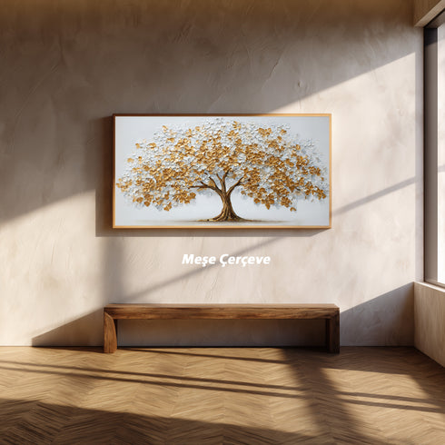 Altın ve Beyaz Çiçekli Hayat Ağacı Tablosu Kabartmalı Lüks Modern Kanvas Duvar Dekoru Salon Yatak Odası İçin Büyük Boy Tasarım