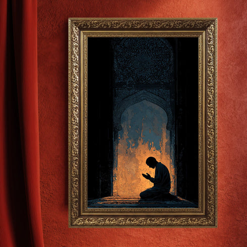 Mihrab Önünde Dua Eden Müslüman Silüeti Kanvas Tablo – Işık ve Gölge Temalı İslami Duvar Dekoru, Manevi ve Dini Salon Tablosu