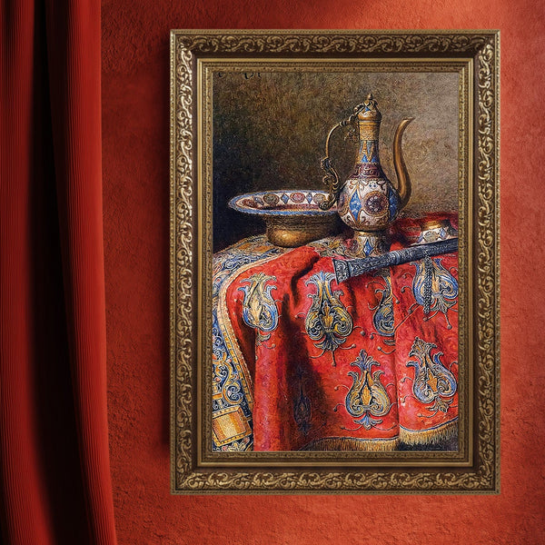 Eskitilmiş Çerçeveli Oryantal Natürmort Sanat Tablosu Poster, Osmanlı İbriği ve İşlemeli Kumaş Detaylı Klasik Duvar Sanatı