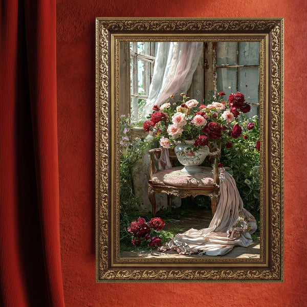 Pencere Yanında Çiçekli Natürmort Sanat Baskısı, Vintage Sandalye ve Güllerle Romantik Bahar Atmosferi, Zarif Duvar Dekoru