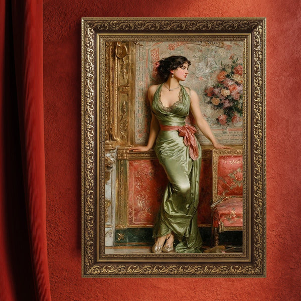 Zarif Kadın Figürü ve Klasik Salon Sanat Baskısı, Yeşil Saten Elbise ile Vintage Asalet, Romantik ve Zamansız Duvar Dekoru
