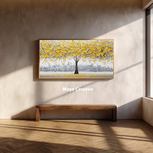 Sarı Çiçekli Ağaç ve Gri Şehir Silüeti Tablosu Modern Soyut Kanvas Duvar Dekoru Salon Ofis İçin Büyük Boy Şık Tasarım