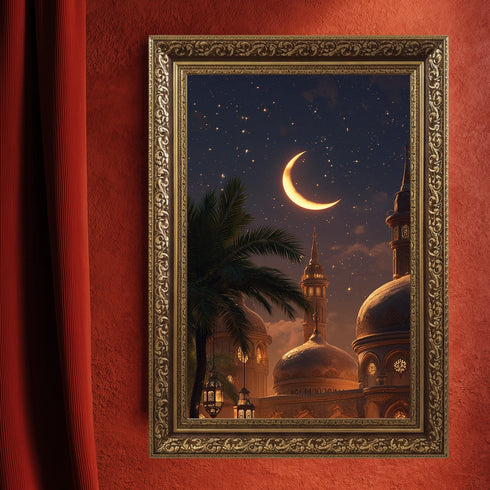 Hilal ve Yıldızlı Gece Camii Manzarası Kanvas Tablo – Ramazan Temalı İslami Duvar Dekoru, Dini ve Manevi Salon Tablosu