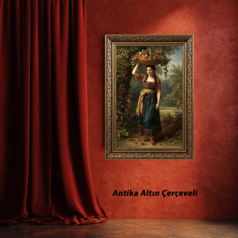 Meyve Sepeti Taşıyan Kırsal Kadın Sanat Baskısı, Doğal Bereket ve Geleneksel Yaşam Temalı Klasik Yağlı Boya Stil Duvar Dekoru