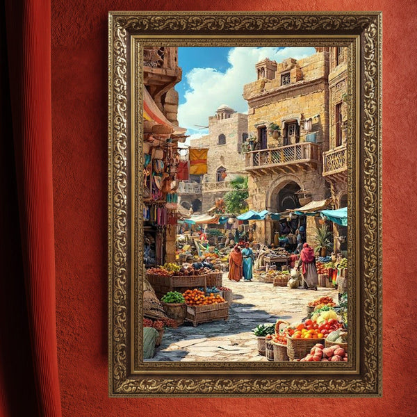 Tarihi Doğu Çarşısı Sokak Sahnesi Tablosu, Geleneksel Orta Doğu Pazarı ve İslam Şehir Yaşamını Yansıtan Duvar Sanatı