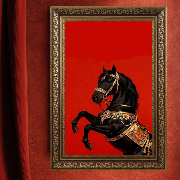 Siyah At Sanat Tablosu Poster, Altın Detaylı Asil At Figürü ile Güç ve Asalet Temalı Duvar Sanatı