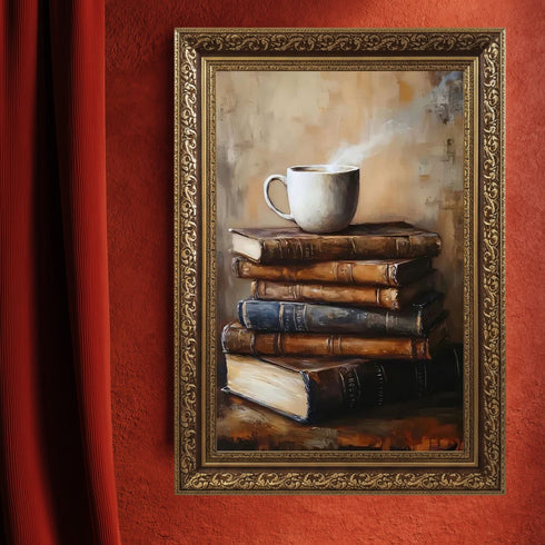 Buharlı Kahve Fincanı ve Eski Kitaplar, Sıcak ve Huzurlu Atmosferli Nostaljik Okuma Köşesi Temalı Sanat Tablosu