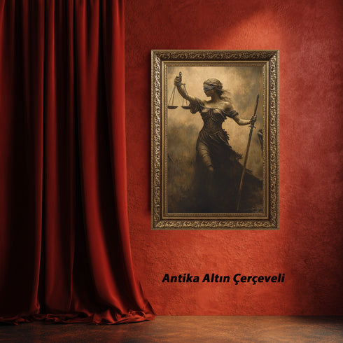 Adalet Tanrıçası Themis Sanat Baskısı, Kör Adalet ve Terazi Sembolüyle Güçlü Mitolojik Figür, Klasik ve Dramatik Duvar Dekoru