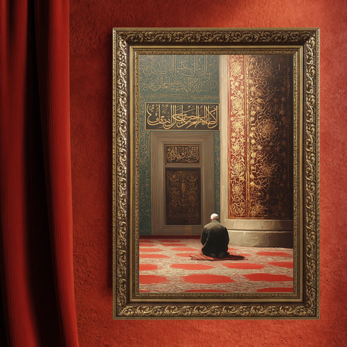 Cami İçinde Dua Eden Mümin Kanvas Tablo – Altın Varak Detaylı İslami Duvar Dekoru, Dini ve Manevi Salon Tablosu