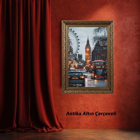 Londra Big Ben ve Kırmızı Otobüs Şehir Manzarası Sanat Baskısı, Yağmurlu Akşam Sokakları ve İkonik Şehir Duvar Dekoru Modern Ofis İçin