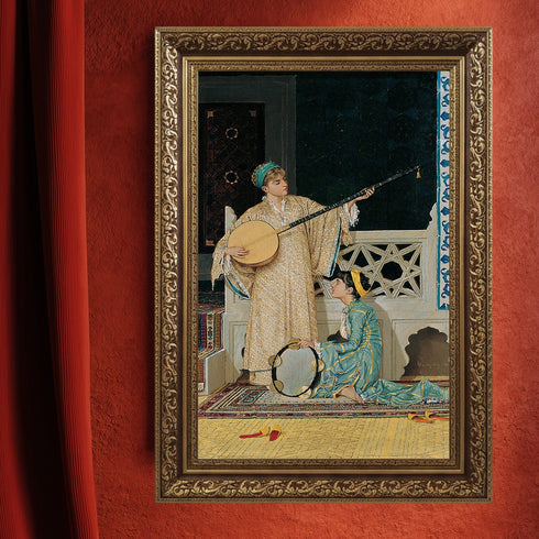 Oryantal Müzik Sahnesi Sanat Tablosu Poster, Osmanlı Dönemi Ud ve Def Çalan Kadınlar ile Klasik Doğu Temalı Duvar Sanatı Baskısı