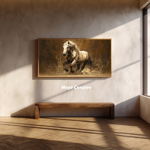Koşan Beyaz At Tablosu Altın Tonlu Arka Planlı Modern Kanvas Duvar Dekoru, Salon Ofis İçin Büyük Boy At Figürlü Tablo