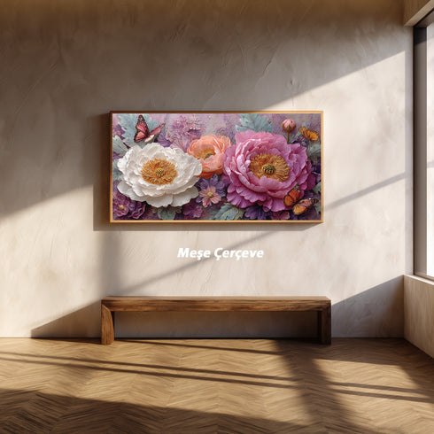 Pembe ve Beyaz Şakayık Çiçekli Kelebekli Tablo Romantik Vintage Kanvas Duvar Dekoru Salon Yatak Odası İçin Zarif Tasarım