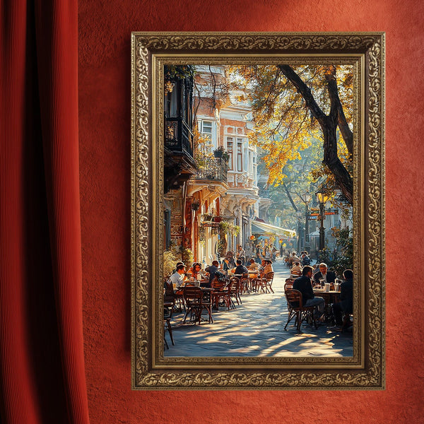 Sonbaharda İstanbul Kafe Sokağı Sanat Baskısı, Tarihi Binalar Arasında Gün Işığı ve Nostaljik Şehir Yaşamı Duvar Dekoru