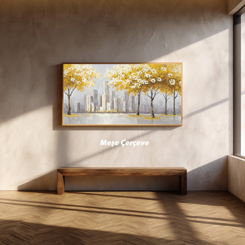 Sarı Yapraklı Ağaç ve Şehir Manzarası Tablosu Modern Soyut Kanvas Duvar Dekoru, Salon Ofis İçin Büyük Boy Tablo