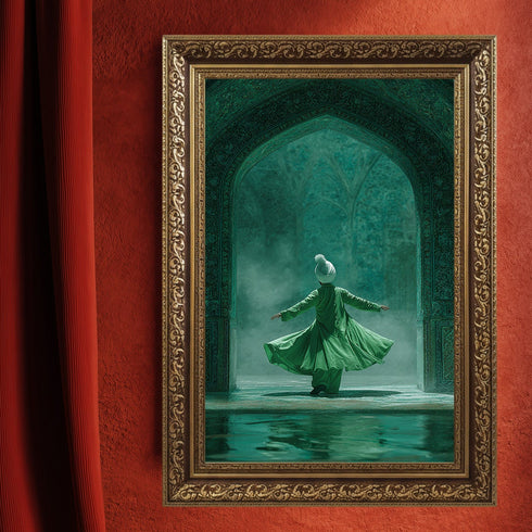 Semazen ve Tasavvuf Temalı İslami Kanvas Tablo – Yeşil Tonlu Manevi Atmosferli Dini Duvar Dekoru, Mevlevi Sanat Eseri