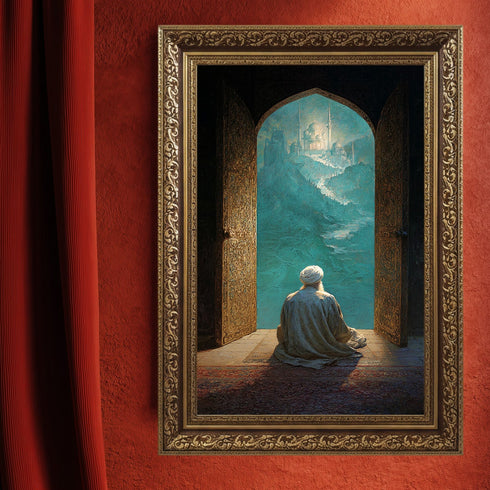 Kapıdan Camiye Bakan Derviş Kanvas Tablo – Manevi Yolculuk Temalı İslami Duvar Dekoru, Dini ve Huzur Veren Salon Tablosu