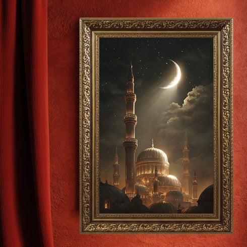 Hilal ve Yıldızlı Gece Camii Kanvas Tablo – Altın Işıltılı İslami Duvar Dekoru, Dini ve Manevi Atmosferli Salon Tablosu