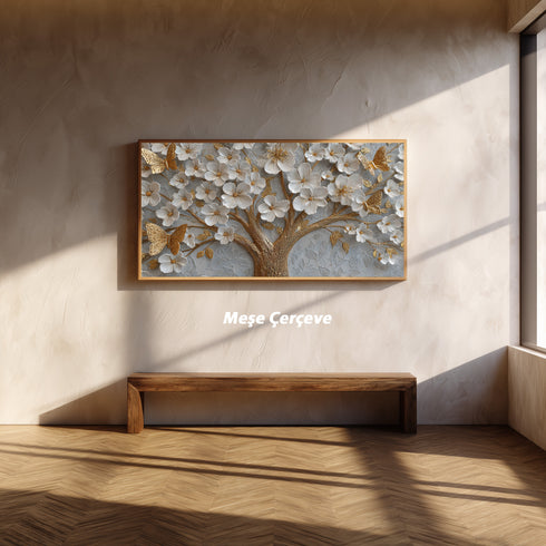 Altın Kelebekli Beyaz Çiçekli Ağaç Tablosu Kabartmalı Lüks Modern Kanvas Duvar Dekoru, Salon Yatak Odası İçin Şık Tablo