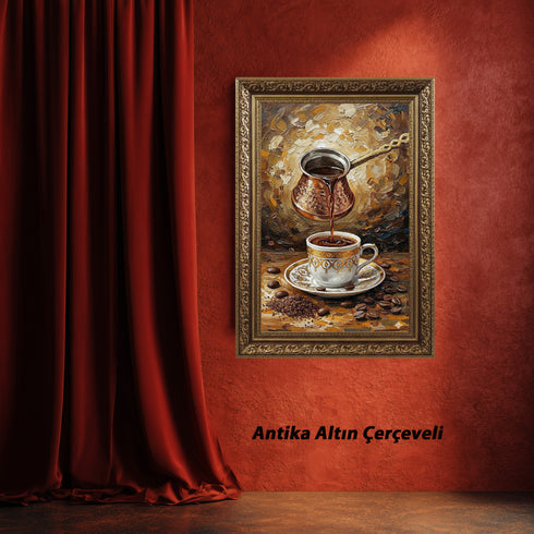 Türk Kahvesi Ritüeli Yağlı Boya Sanat Baskısı, Cezveden Fincana Akan Kahve ile Geleneksel ve Sıcak Duvar Dekoru