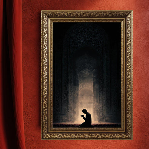 Kubbetüs Sahra Silüeti ve Dua Eden Mümin Kanvas Tablo – Işık ve Gölge Temalı İslami Duvar Dekoru, Dini Salon Tablosu