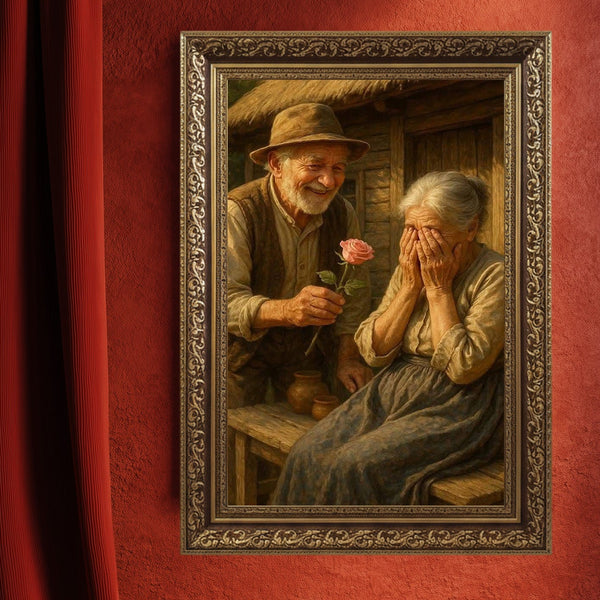 Yaşlı Çift ve Gül ile Sevgi Dolu An Suluboya Sanat Baskısı, Köy Hayatından Romantik ve Duygusal Sahne Duvar Dekoru