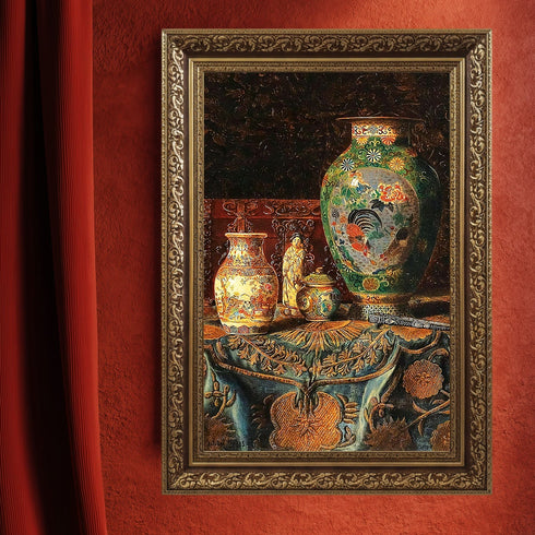 Eskitilmiş Çerçeveli Klasik Natürmort Sanat Tablosu Poster, Çin Porselen Vazolar ve Oryantal Desenli Kumaşlı Duvar Sanatı