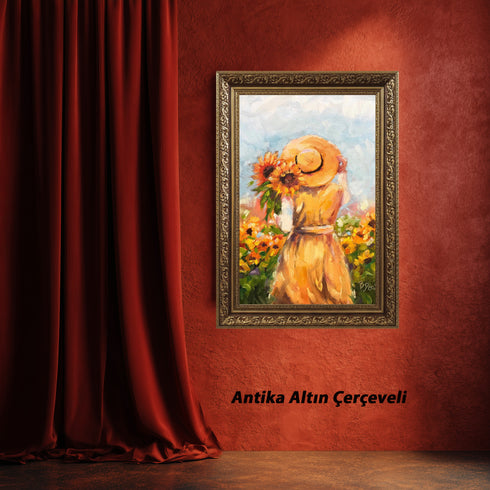 Ayçiçekleri Arasında Şapkalı Kadın, Yaz Esintili Romantik Kırsal Sahneyle Sıcak ve Huzur Veren Sanat Tablosu