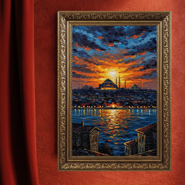 İstanbul Boğazı ve Ayasofya Gün Batımı Kanvas Tablo – İslami Şehir Silüeti, Dini ve Manevi Atmosferli Duvar Dekoru