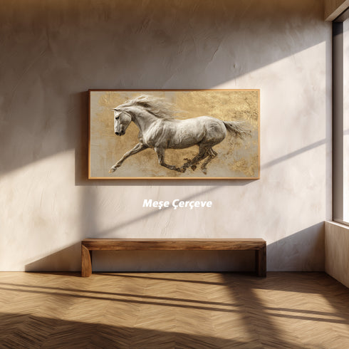 Koşan Beyaz At Tablosu Altın Varak Dokulu Arka Planlı Lüks Kanvas Duvar Dekoru, Salon Ofis İçin Büyük Boy At Figürlü Tablo