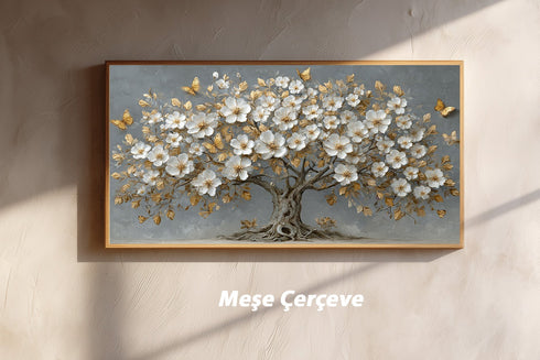 Altın Yapraklı Beyaz Çiçekli Ağaç Tablosu Kelebekli Lüks Kanvas Duvar Dekoru, Modern Dokulu Salon Yatak Odası Tablo