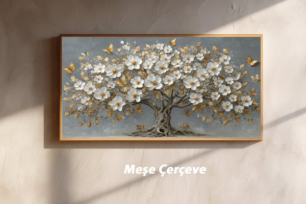 Altın Yapraklı Beyaz Çiçekli Ağaç Tablosu Kelebekli Lüks Kanvas Duvar Dekoru, Modern Dokulu Salon Yatak Odası Tablo