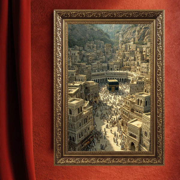 Eski Kabe-i Muazzama ve Mekke Şehir Manzarası Kanvas Tablo – Hac ve Umre Temalı İslami Duvar Dekoru, Dini ve Manevi Salon Tablosu
