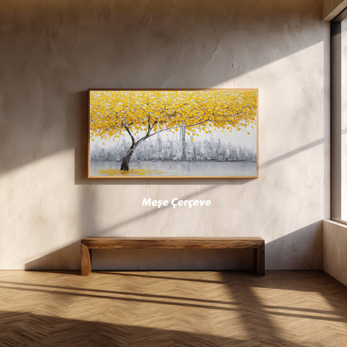 Sarı Yapraklı Ağaç ve Gri Şehir Manzarası Tablosu Modern Soyut Kanvas Duvar Dekoru Salon Ofis İçin Büyük Boy Tas