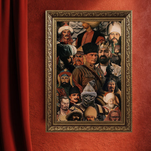 Türk ve Orta Asya Tarihi Liderler Kolaj Sanat Tablosu Poster, Alp Er Tunga’dan Osmanlı’ya Uzanan Epik Figürlü Duvar Sanatı