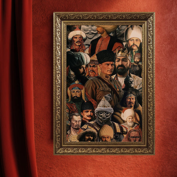 Türk ve Orta Asya Tarihi Liderler Kolaj Sanat Tablosu Poster, Alp Er Tunga’dan Osmanlı’ya Uzanan Epik Figürlü Duvar Sanatı