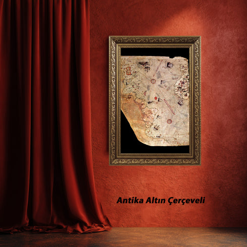 Piri Reis Tarihi Deniz Haritası ve Keşif Roteleri, Antik Kartografya Detaylarıyla Oryantal ve Nostaljik Dünya Haritası Sanat Eseri