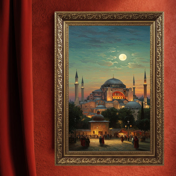 Ayasofya Camii Dolunay Manzaralı Kanvas Tablo – İstanbul Temalı İslami Duvar Dekoru, Dini ve Tarihi Atmosferli Salon Tablosu