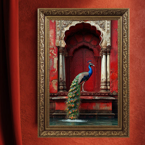 Kırmızı Oryantal Kapı ve Tavus Kuşu Sanat Baskısı, Doğu Mimarisi ve Zarif Detaylarla Egzotik Duvar Dekoru Tablo