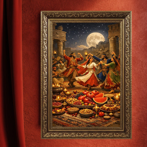 Ay Işığında Oryantal Kutlama ve Halk Dansı Sanat Baskısı, Antik Tapınak ve Geleneksel Müzik Eşliğinde Doğu Kültürü Duvar Dekoru