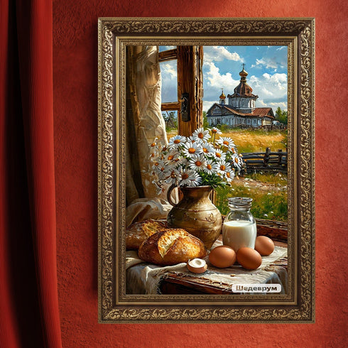 Kır Evi Penceresinde Natürmort Sanat Baskısı, Papatyalar Ekmek ve Süt ile Kırsal Yaşamın Sıcaklığı, Nostaljik Duvar Dekoru