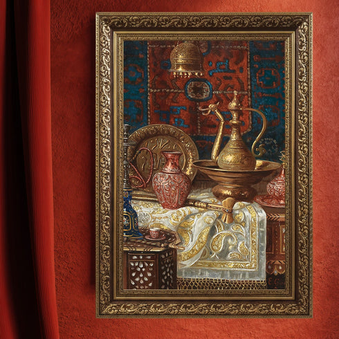Oryantal Natürmort Sanat Tablosu Poster, Osmanlı İbriği ve Metal Objelerle Klasik Doğu Duvar Sanatı