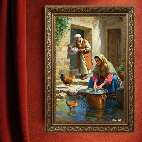 Geleneksel Köy Yaşamı Suluboya Sanat Baskısı, Anadolu Günlük Hayat Sahnesi, Tavuklar ve Taş Evlerle Nostaljik Duvar Dekoru