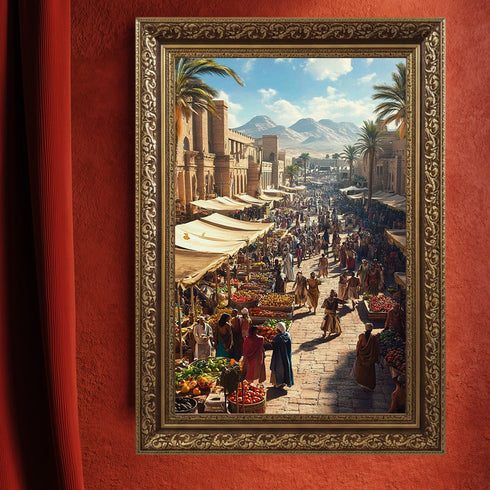 Antik Doğu Pazarı Manzarası Sanat Tablosu Poster, Palmiye Ağaçları ve Tarihi Mimari Arasında Canlı Oryantal Çarşı Sahnesi Duvar Sanatı