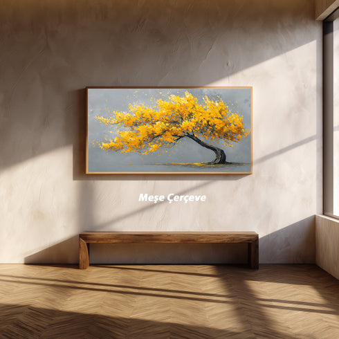 Sarı Yapraklı Rüzgarlı Ağaç Tablosu Modern Minimalist Kanvas Duvar Dekoru Salon Ofis Yatak Odası İçin Büyük Boy Soyut Tasarım