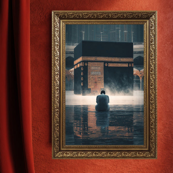 Kabe-i Muazzama Önünde Dua Eden Müslüman Kanvas Tablo – Mekke Temalı İslami Duvar Dekoru, Dini ve Manevi Atmosferli Salon Tablosu