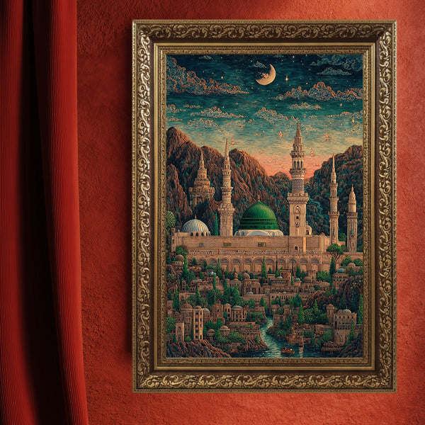 Mescid-i Nebevi ve Yeşil Kubbe Gece Manzarası Kanvas Tablo – Hilalli Gökyüzü İslami Duvar Dekoru, Dini Şehir Temalı Salon Tablosu