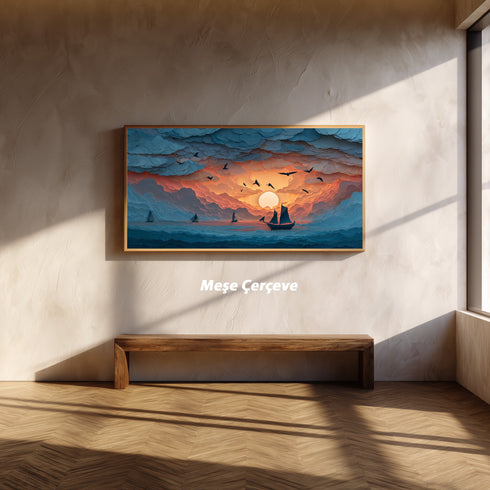 Bulutlar Arasında Gün Batımı ve Yelkenli Tablosu Soyut Deniz Manzarası Modern Kanvas Duvar Dekoru Salon Ofis Yatak Odası İçin Büyük Boy Sanatsal Tasarım