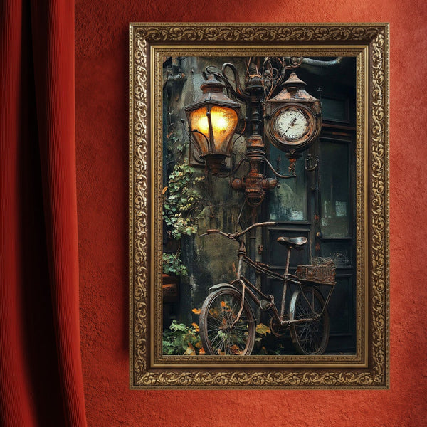 Vintage Sokak Lambası ve Bisiklet Sanat Tablosu Poster, Nostaljik Şehir Detayı ile Rustik Endüstriyel Duvar Dekoru Baskısı Sanatı